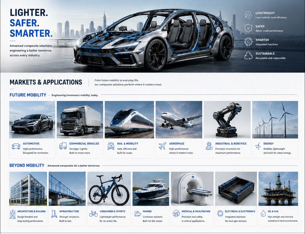 Markets served: automotive, commercial vehicles, rail, aerospace, robotics, energy, building, marine, medical, electronics and oil and gas